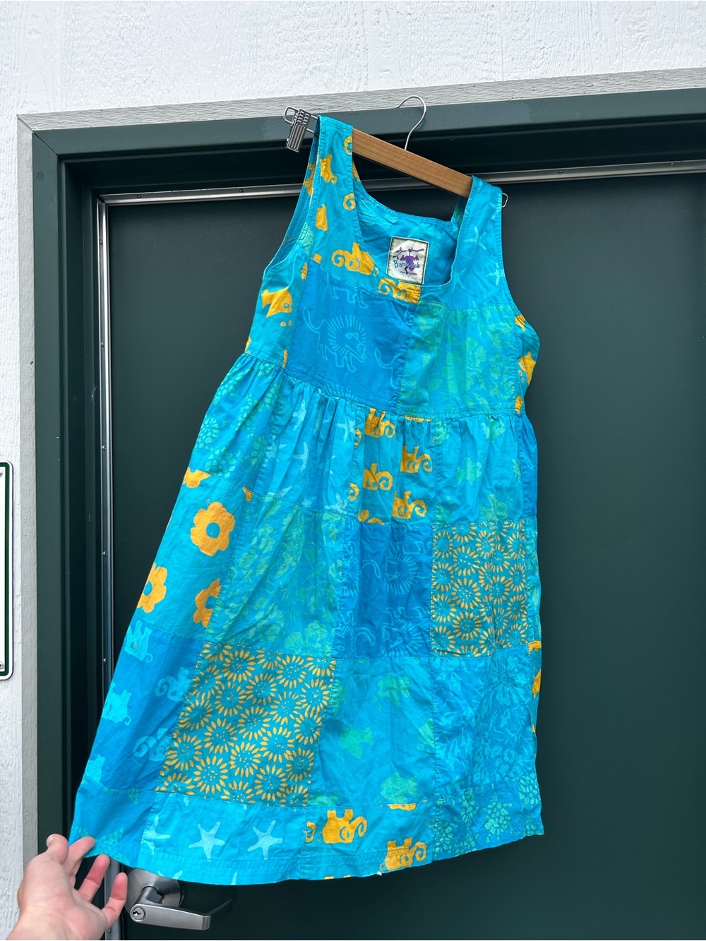 Turquoise Patchwork Sleeveless Sundress with Yellow Floral Accents